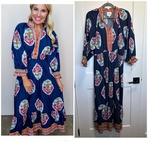 Umgee Navy Floral Maxi Dress with Pink Accents